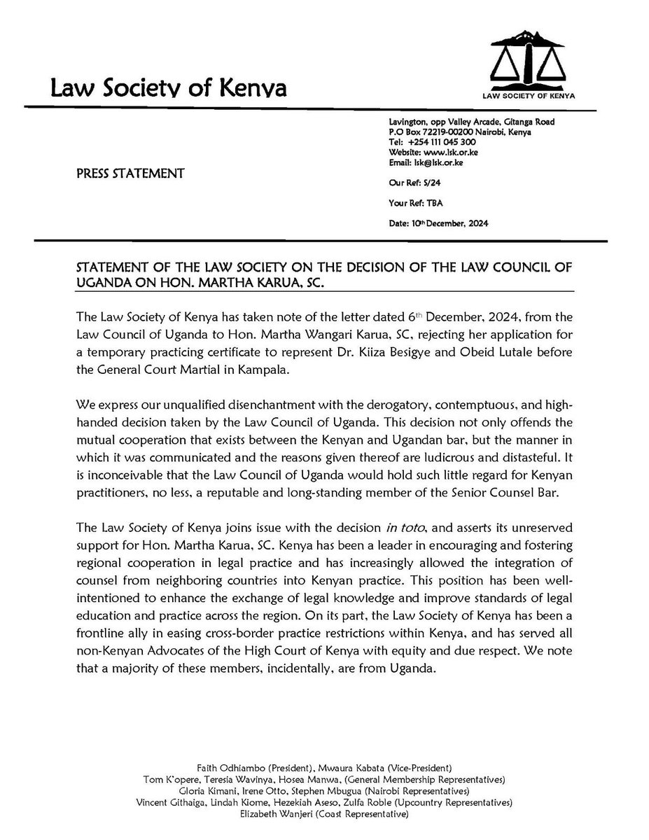 LawSocietyofKe's tweet photo. “We express our unqualified disenchantment with the derogatory, contemptuous, and highhanded decision taken by the Law Council of Uganda. This decision not only offends the mutual cooperation that exists between the Kenyan and Ugandan bar, but the manner in which it was communicated and the reasons given thereof are ludicrous and distasteful. It is inconceivable that the Law Council of Uganda would hold such little regard for Kenyan practitioners, no less, a reputable and long-standing member of the Senior Counsel Bar” - @FaithOdhiambo8 LSK President in a statement on the decision of the Law Council of Uganda on Hon. @MarthaKarua