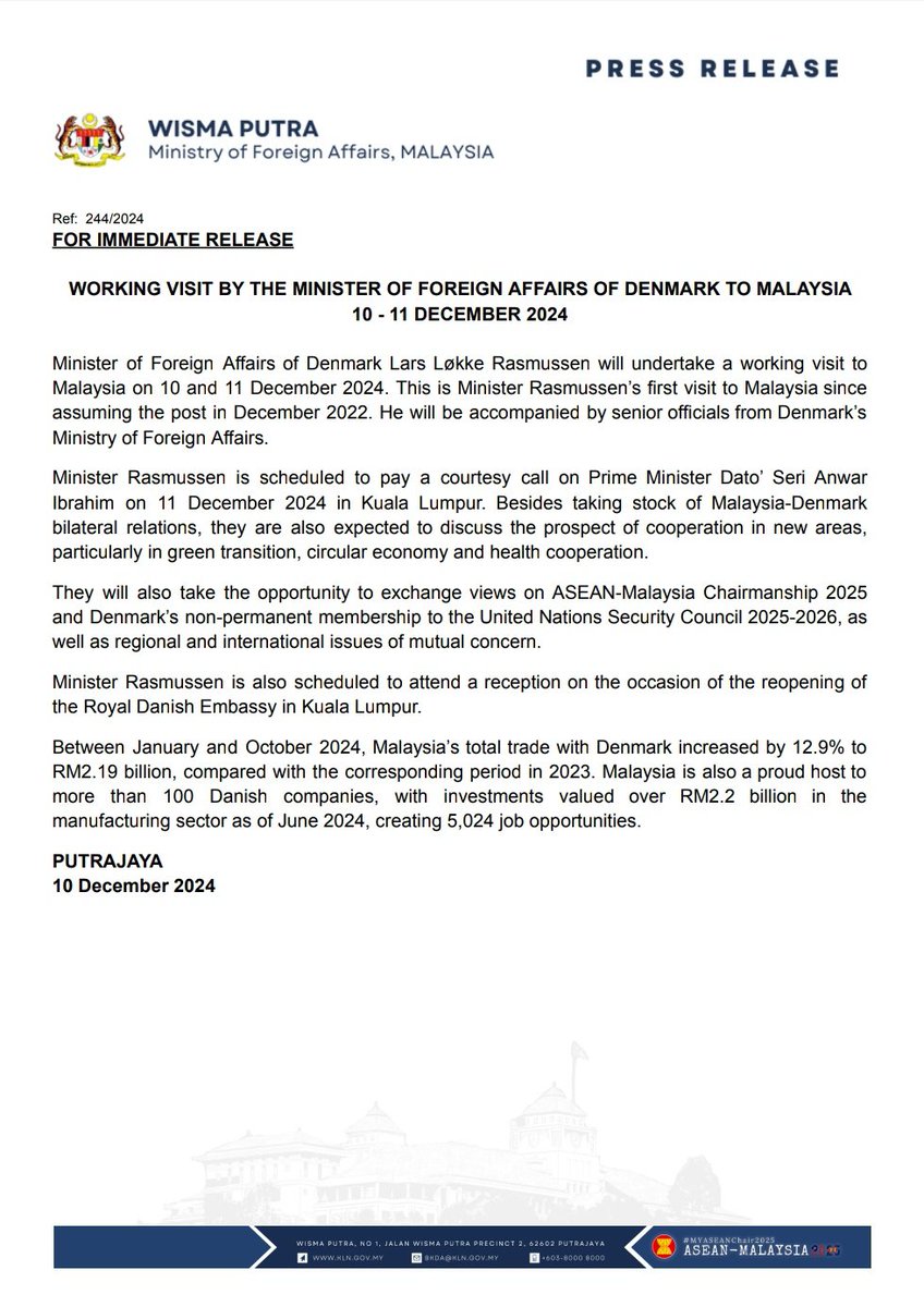 MalaysiaMFA's tweet photo. PRESS RELEASE: WORKING VISIT BY THE MINISTER OF FOREIGN AFFAIRS OF DENMARK TO MALAYSIA, 10 - 11 DECEMBER 2024 https://t.co/pq1rYHY4MG
