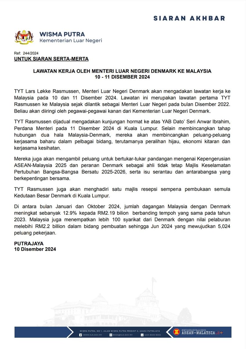 MalaysiaMFA's tweet photo. PRESS RELEASE: WORKING VISIT BY THE MINISTER OF FOREIGN AFFAIRS OF DENMARK TO MALAYSIA, 10 - 11 DECEMBER 2024 https://t.co/pq1rYHY4MG