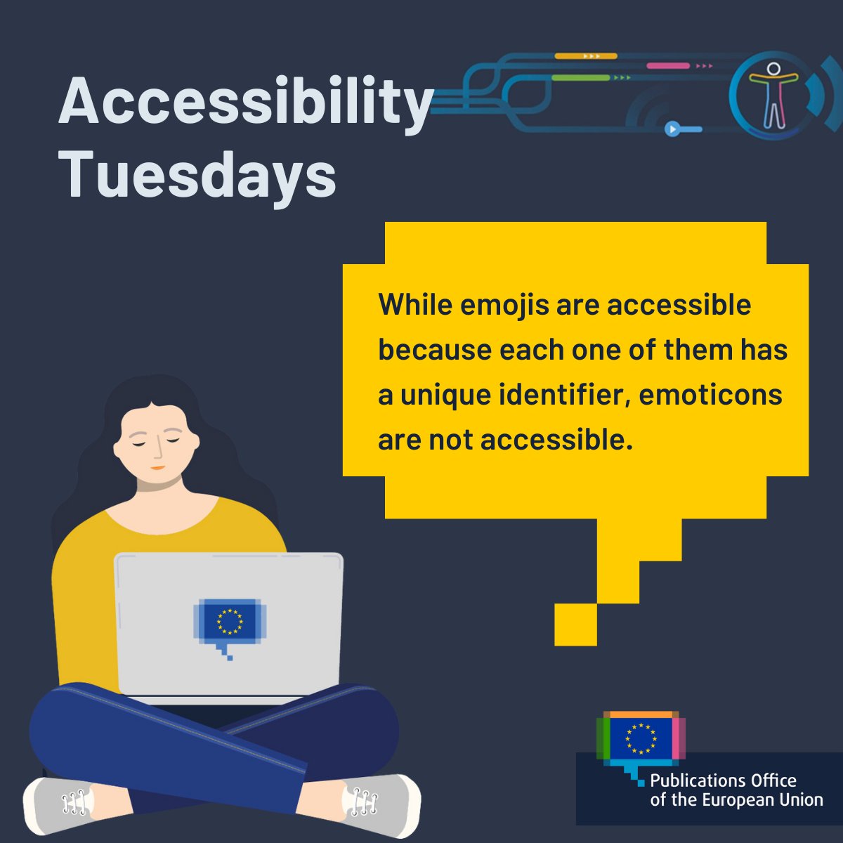 EUPublications's tweet photo. Are you an emojis person or an emoticons person? 😊 or :-)

Keep in mind that while emojis are accessible because each one of them has a unique identifier, emoticons are not accessible because they will be read as individual characters and punctuation marks

#AccessibilityTuesday https://t.co/lAXcVqznKK