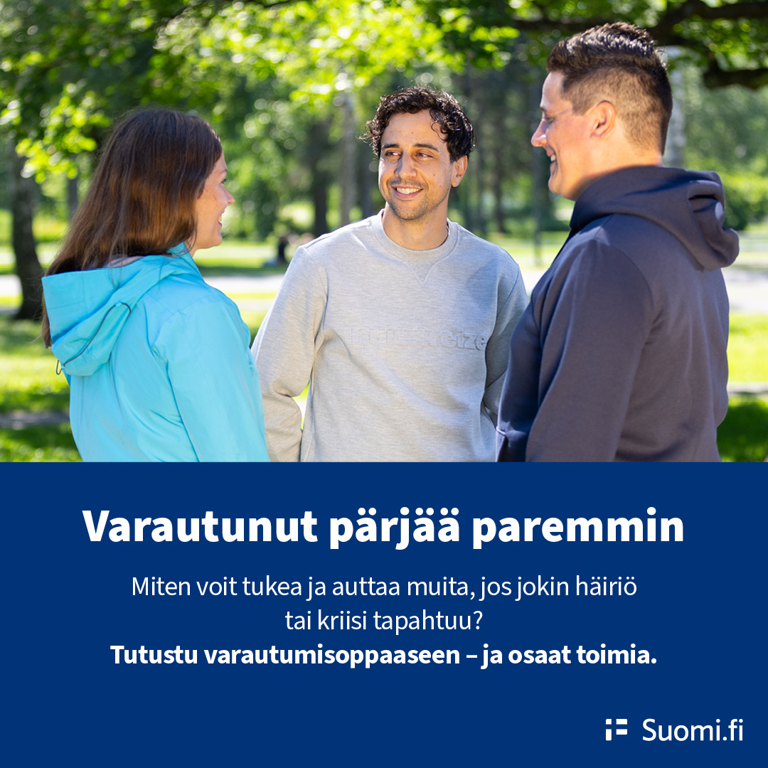 Yhteiskunnan varautuminen rakentuu siitä, että ihmiset ovat hankalissakin oloissa valmiita ja kykeneviä toimimaan yhdessä. Löydät ohjeita oman varautumisesi parantamiseen ja häiriötilanteissa muiden auttamiseen Suomi.fin varautumisoppaasta ➡ Suomi.fi/varautuminen. @Suomifi