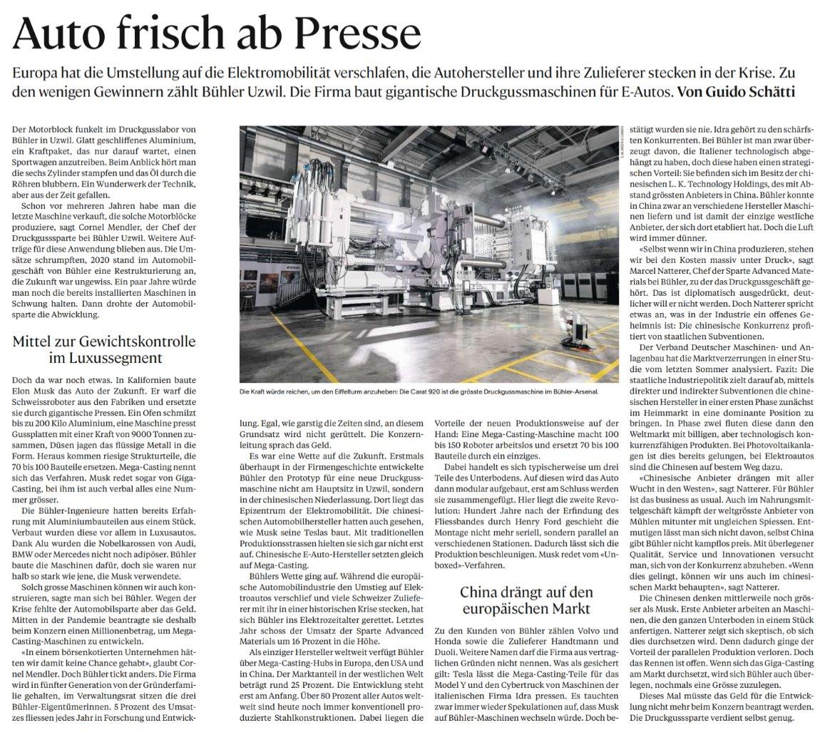 Der Druck ist hoch : Nicht nur bei den Druckgussmaschinen, sondern auch auf dem Markt. Doch das #Swissmem Mitglied #Bühler aus Uzwil verfügt als einziger Hersteller weltweit über Mega-Casting-Hubs in Europa. Marktanteil in der westlichen Welt: rund 25%. 🚀 <a href="/NZZaS/">NZZ am Sonntag</a> <a href="/Staatssender/">Guido Schätti</a>