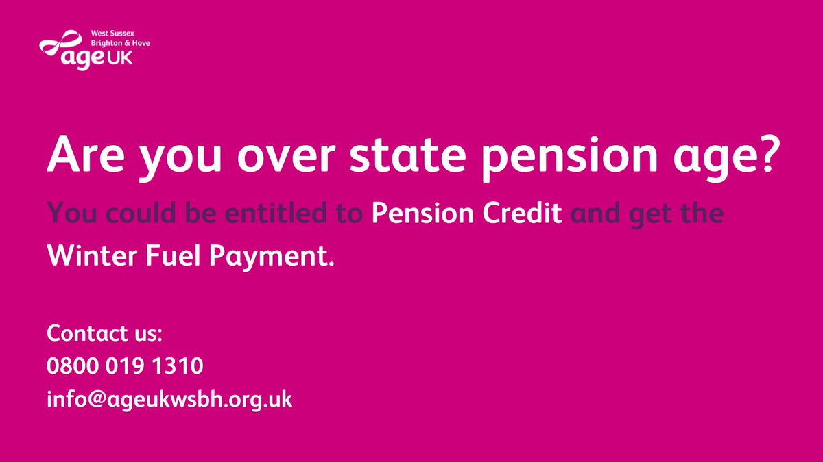 Age UK West Sussex, Brighton & Hove (@ageukwsbh) on Twitter photo If you're state pension age, you might be eligible for #PensionCredit and the #WinterFuelPayment. You need to apply by 21 Dec 2024 to qualify.
Contact us:
☎️ 0800 019 1310
✉️ info@ageukwsbh.org.uk
We may still be able to help, even if you don’t qualify, so please get in touch! If you're state pension age, you might be eligible for #PensionCredit and the #WinterFuelPayment. You need to apply by 21 Dec 2024 to qualify.
Contact us:
☎️ 0800 019 1310
✉️ info@ageukwsbh.org.uk
We may still be able to help, even if you don’t qualify, so please get in touch!