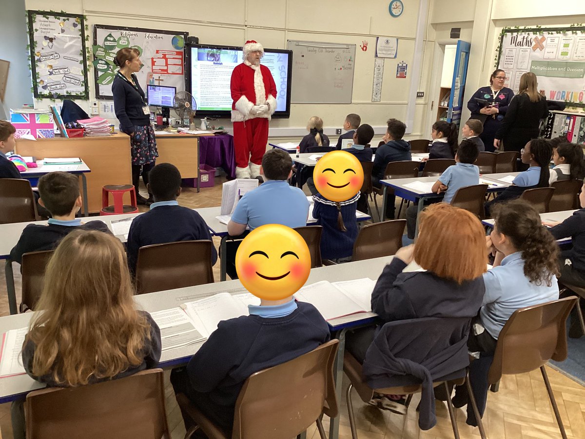 OurLadysCP's tweet photo. Look who popped in to surprise Year 4 this morning! Santa was full of great cheer, and the children were all smiles! #SchoolAssociation #CatholicLife @OurLadyandAllS1 https://t.co/Yw9Zj9oqQh