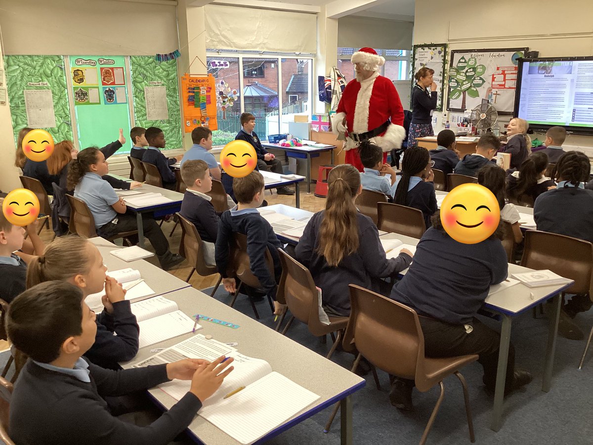 OurLadysCP's tweet photo. Look who popped in to surprise Year 4 this morning! Santa was full of great cheer, and the children were all smiles! #SchoolAssociation #CatholicLife @OurLadyandAllS1 https://t.co/Yw9Zj9oqQh