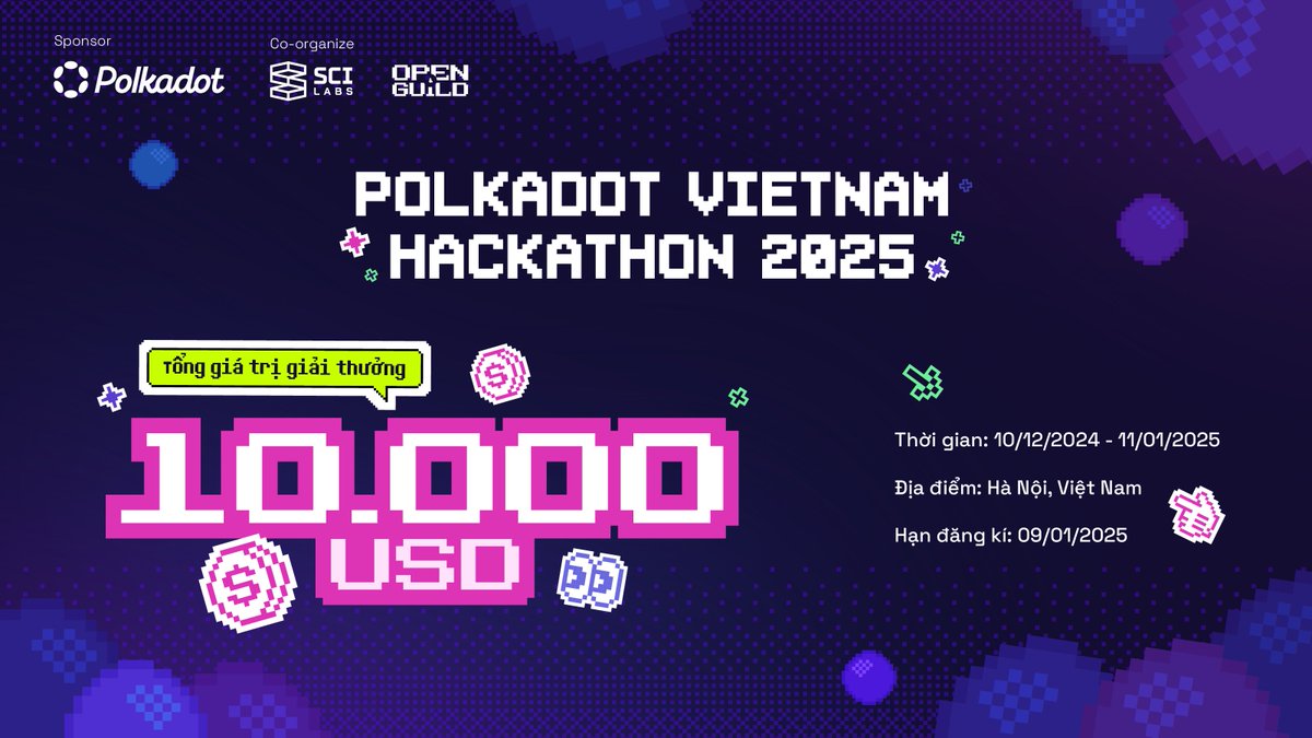 DailyStory_xyz's tweet photo. 🔄Kick off Polkadot Vietnam Hackathon 2025
Biến ý tưởng của bạn thành hiện thực tại Polkadot Vietnam Hackathon 2025!

Polkadot Vietnam Hackathon 2025 là chuỗi sự kiện hackathon hàng đầu được tài trợ bởi Polkadot, với sự đồng hành của các đối tác trong hệ sinh thái blockchain tại Việt Nam. Chương trình được đồng tổ chức bởi @OpenGuild và @SCILabs_io, mang đến cơ hội tuyệt vời để bạn sáng tạo, học hỏi và khẳng định bản thân trong lĩnh vực blockchain!

🎯 Tại sao bạn nên tham gia?
👉🏻 Tận dụng sức mạnh của hệ sinh thái @Polkadot : Khám phá công nghệ parachain tiên tiến và các công cụ hỗ trợ phát triển ứng dụng phi tập trung (dApps) đột phá.
👉🏻 Học hỏi từ chuyên gia: Tham gia các buổi workshop chuyên sâu và trau dồi kỹ năng qua các hoạt động thực tiễn.
👉🏻 Cạnh tranh và giành giải thưởng lớn: Thể hiện ý tưởng sáng tạo của bạn để giành tổng giải thưởng trị giá 10,000 USD.
👉🏻 Mở rộng mạng lưới kết nối: Giao lưu với cộng đồng lập trình viên năng động và các chuyên gia hàng đầu trong ngành blockchain.

✨ Dù bạn là người mới bắt đầu hay đã có kinh nghiệm, Polkadot Vietnam Hackathon là sân chơi lý tưởng để bạn tỏa sáng!

🚀 Các hoạt động chính:
🗓 10/12/2024 - 06/01/2025: Thời gian đăng ký
🗓 22/12/2024: Workshop 1 - Phát triển DApps với Solidity trên Polkadot Hub
🗓 28/12/2024: Workshop 2 - Làm thế nào để brainstorm ý tưởng cho hackathon?
🗓 11/01/2025: Demo Day - Trình bày ý tưởng và nhận kết quả cuộc thi!

 Đăng ký ngay hôm nay và bắt đầu hành trình khám phá Polkadot Vietnam Hackathon!
🔥 Link đăng kí: 
https://t.co/9kevz9YxoN

📍Thông tin sự kiện:
🌍 Polkadot Vietnam Hackathon được tài trợ bởi Polkadot và đồng tổ chức bởi OpenGuild & SCI Labs, với sự đồng hành của các đối tác trong hệ sinh thái blockchain tại Việt Nam.

🎮 Tìm hiểu thêm về cuộc thi tại:
Polkadot: https://t.co/s1ot95SsVJ
OpenGuild: https://t.co/fGTLbK0O64
SCI Labs: https://t.co/5SchXwPtR6

💡 Đừng bỏ lỡ cơ hội sáng tạo và kết nối tại Polkadot Vietnam Hackathon!

#Polkadot #PolkadotVietNam #Hackathon #SCILabs #OpenGuild