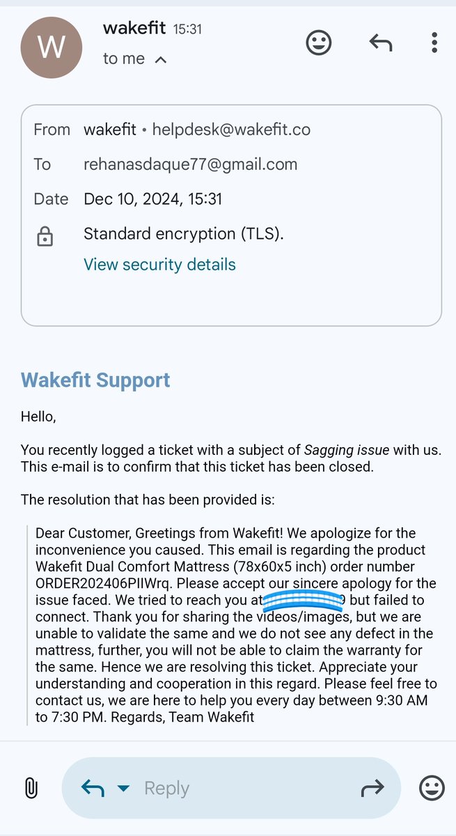 asdaque_rehan's tweet photo. @WakefitCo 
Worst customer service and #mattress. I request people to never buy a mattress from #wakefit. They only know how to #cheat customers &amp; give nonsense response with their stupid team in place. Sagged in 3 mnths
#cheating
#badexperience
#worstproduct 
#nocustomersupport https://t.co/dD8Pu8Ik2m