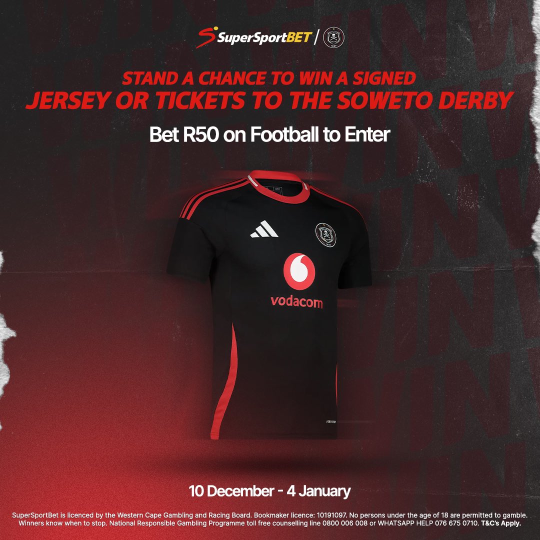SuperSportBETza's tweet photo. MaBhakaniya Nithini ☠️ 

Win 1 of 5 double tickets to the Soweto Derby 🎟️
Score a signed @orlandopirates jersey 👕

Bet R50 on football between today &amp; 4 January 2025 to enter! 💸

Bet Now 📲 https://t.co/4jU7ldhieg

#ForTheFans #OnceAlways https://t.co/jcUoJRWOye