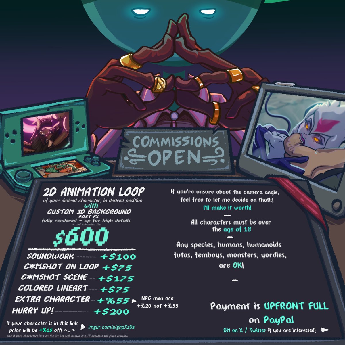 Hello people! I am taking NSFW animation c*mmissions to fund my upcoming animations, let me know on DM's, if you are interested!