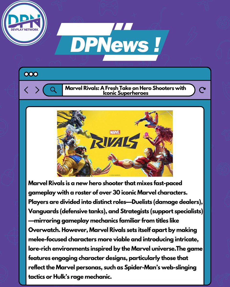 devplaynetwork's tweet photo. Marvel Rivals brings 30+ iconic heroes, fast-paced action, and stunning maps to the hero shooter genre! Who’s your favorite to play? 🦸‍♂️🎮

#devplay #dpn #gamingcommunity #indiedev #devplay #dpn #community #GamingLife #MarvelRivals #Gaming #HeroShooter #MarvelUniverse https://t.co/I0zU0cQzP2