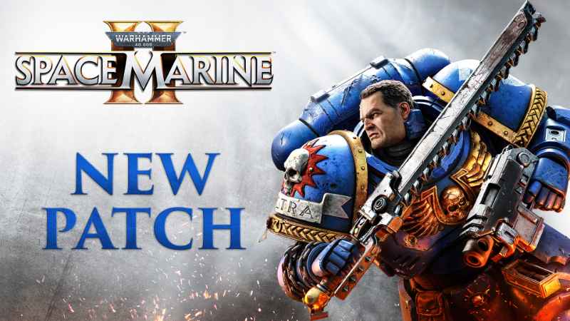 Visual announcing the New Patch for Space Marine 2. It says "New Patch" with a picture of Lieutenant Titus on the right of the image