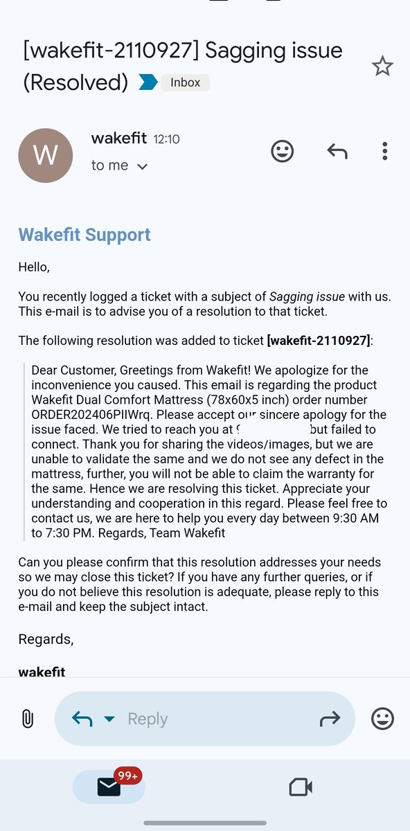 asdaque_rehan's tweet photo. @WakefitCo 
Worst customer service and #mattress. I request people to never buy a mattress from #wakefit. They only know how to #cheat customers &amp; give nonsense response with their stupid team in place. Sagged in 3 mnths
#cheating
#badexperience
#worstproduct 
#nocustomersupport https://t.co/dD8Pu8Ik2m