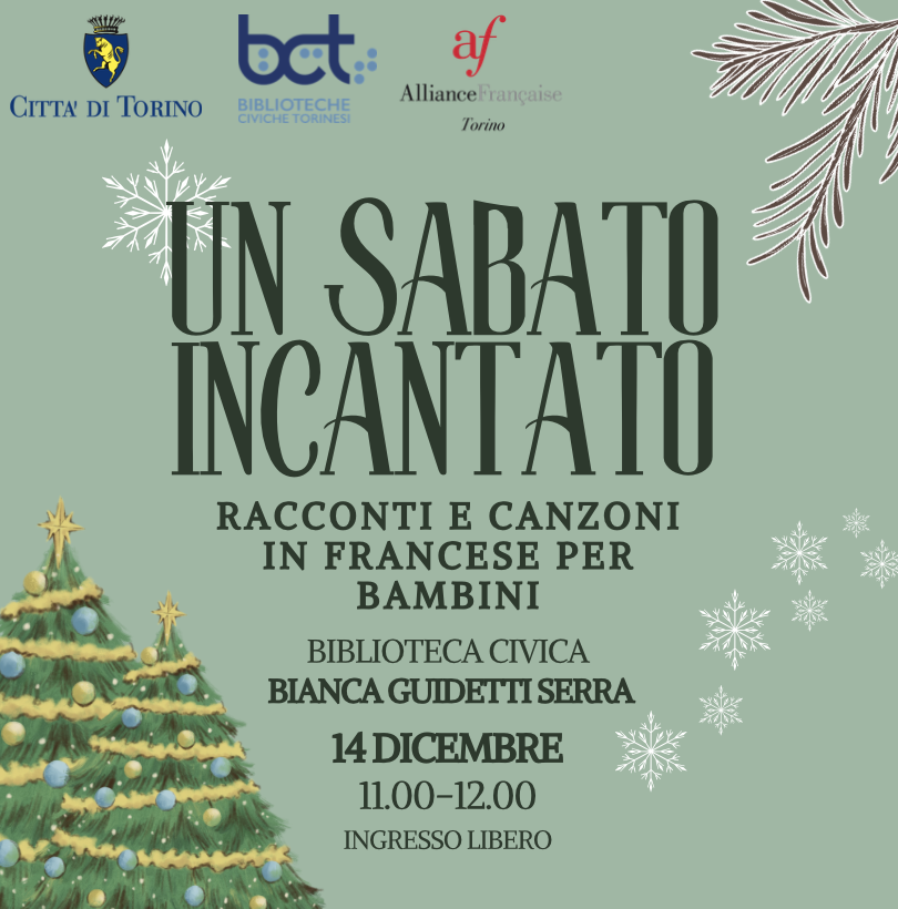 ✨ Un sabato incantato per bambini e famiglie! 
📅 14 /12/ 2024
⏰ Ore 11.00 – 12.00
📍 Biblioteca Bianca Guidetti Serra  
🎟️ Evento gratuito e aperto a tutti!
🌍 Scopri il #francese attraverso gioco, musica e creatività.
alliancefrto.it/un-sabato-inca…