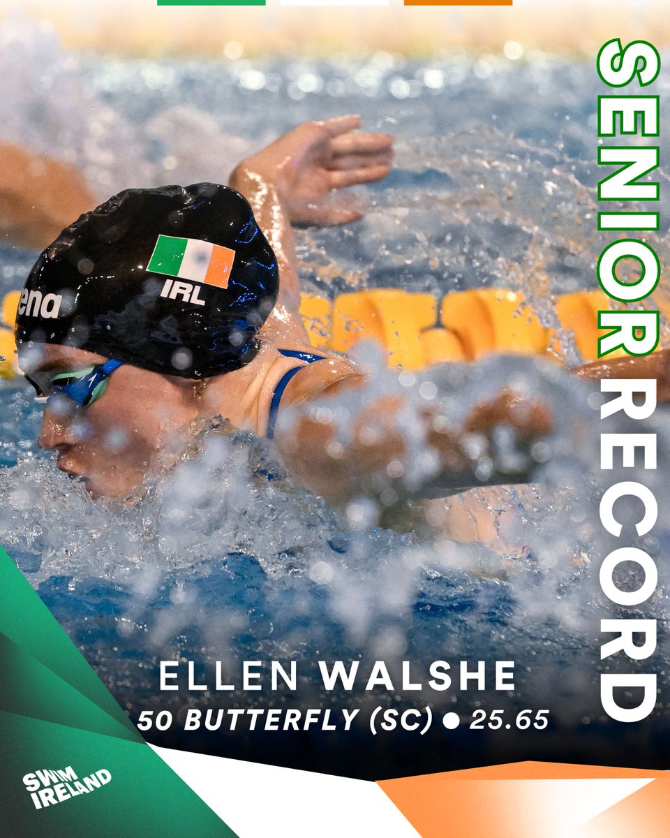 swimireland's tweet photo. 𝗜𝗥𝗜𝗦𝗛 𝗦𝗘𝗡𝗜𝗢𝗥 𝗥𝗘𝗖𝗢𝗥𝗗

Ellen Walshe 🔥

Templeogue's Walshe clocks 25.65 to break her own Irish Senior Record in the 50 Butterfly (SC) 🦋

25.90 (2022)  ⏬ 25.65 (2024) 

#AQUABudapest2024 https://t.co/e960Hu7rxR