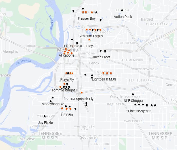 MadridPimps's tweet photo. Frikada maxima para mi familia del Memphis hip hop. 

En este mapa que anda en internet puedes ver de donde son los rappers mas representativos de M- town. Cada punto es el nombre de un rapper, los naranjas para los OGs y los negros para los younbloods https://t.co/GaABNIrNvE