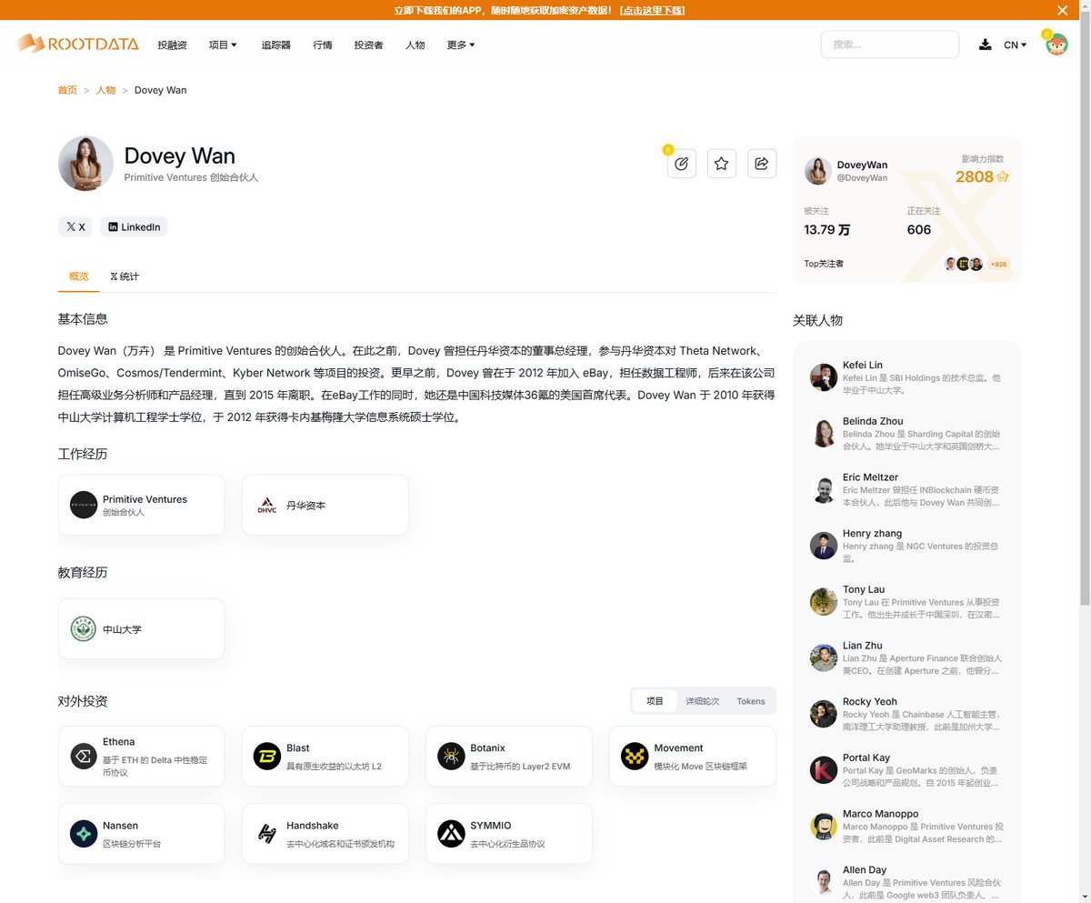 Dovey Wan（万卉） Primitive Ventures 的创始合伙人。在此之前，Dovey  曾担任丹华资本的董事总经理，参与丹华资本对Theta Network、OmiseGo、Cosmos/Tendermint、Kyber Network  等项目的投资。更早之前，Dovey 曾在于