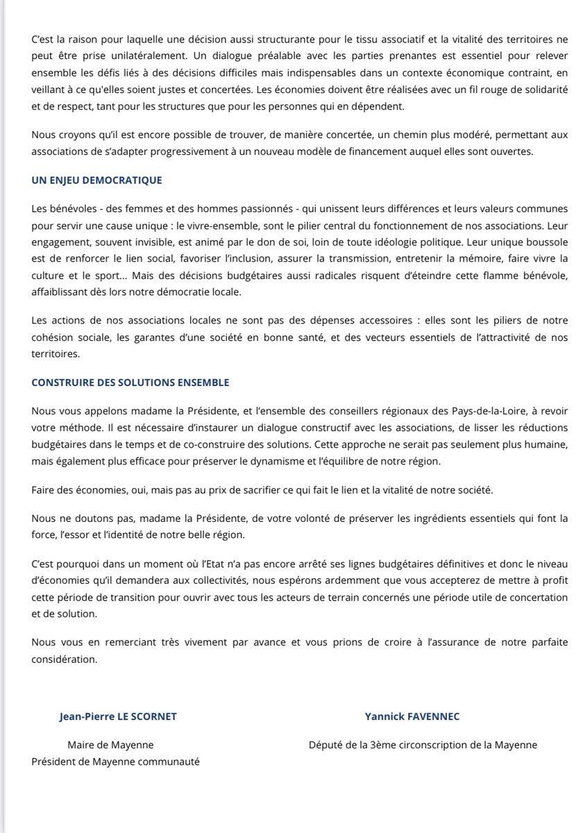 De manière transpartisane, <a href="/JpLeScornet/">JP Le Scornet</a> et moi même avons rédigé une lettre ouverte destinée à la présidente de la région <a href="/paysdelaloire/">Pays de la Loire</a> et aux conseillers régionaux. Ensemble nous souhaitons qu’un chemin de concertation et de solution avec les bénévoles associatifs soit trouvé.
