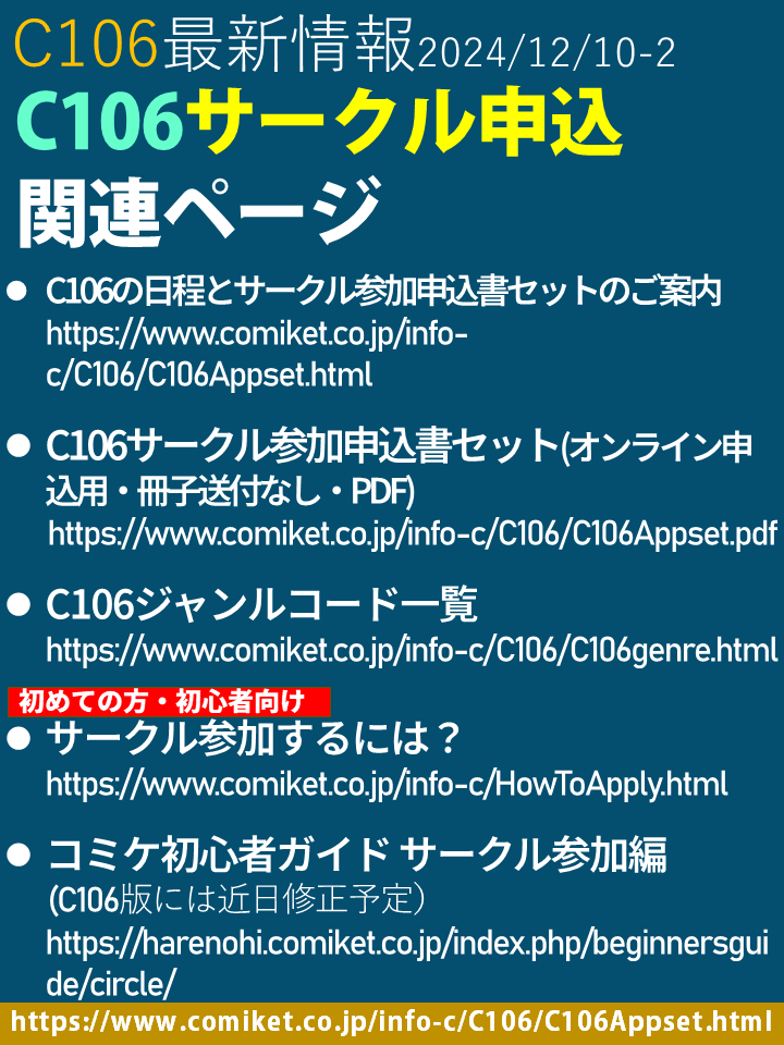 C106 の日程とサークル参加申込書セットのご案内』のページの更新に