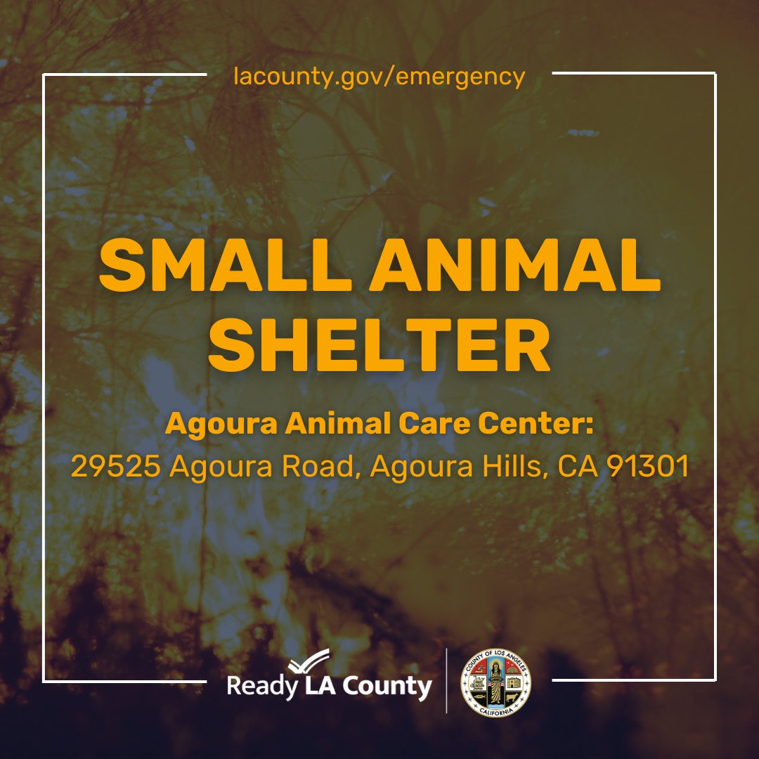 Los Angeles County (@countyofla) on Twitter photo Shelter for smaller animals is available at Agoura <a href="/LACoAnimalCare/">LA Co Animal Care</a>, located at 29525 Agoura Road, Agoura Hills, CA 91301. Shelter for smaller animals is available at Agoura <a href="/LACoAnimalCare/">LA Co Animal Care</a>, located at 29525 Agoura Road, Agoura Hills, CA 91301.