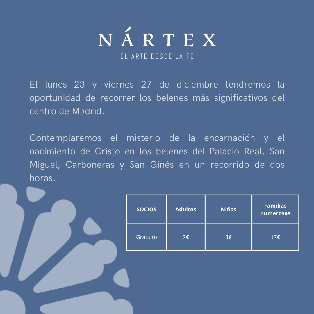 Se acerca la Navidad y, como cada año, os invitamos a nuestra la visita a los belenes de Madrid. 

La visita comenzará a las 10:00 y durará  aproximadamente dos horas.

Inscripción lunes 23: docs.google.com/forms/d/1klX3c…

Inscripción viernes 27: docs.google.com/forms/d/1DgDOC…

#nartex