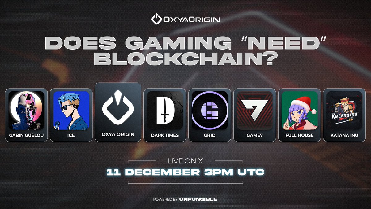 OxyaOrigin's tweet image. 𝐄𝐀𝐑𝐋𝐘 𝐀𝐂𝐂𝐄𝐒𝐒 𝐒𝐏𝐀𝐂𝐄: “Does gaming need blockchain?”

🔹Hosts:  @ice_nfts.
🔹Speakers: @SamGab_G, @playDARKTIMES, @GR1Dnetwork,  @G7_DAO,  @Full_House_GG,  @katanainu.

⏰ December 11th, 4PM CET.

Set your reminder below 👇