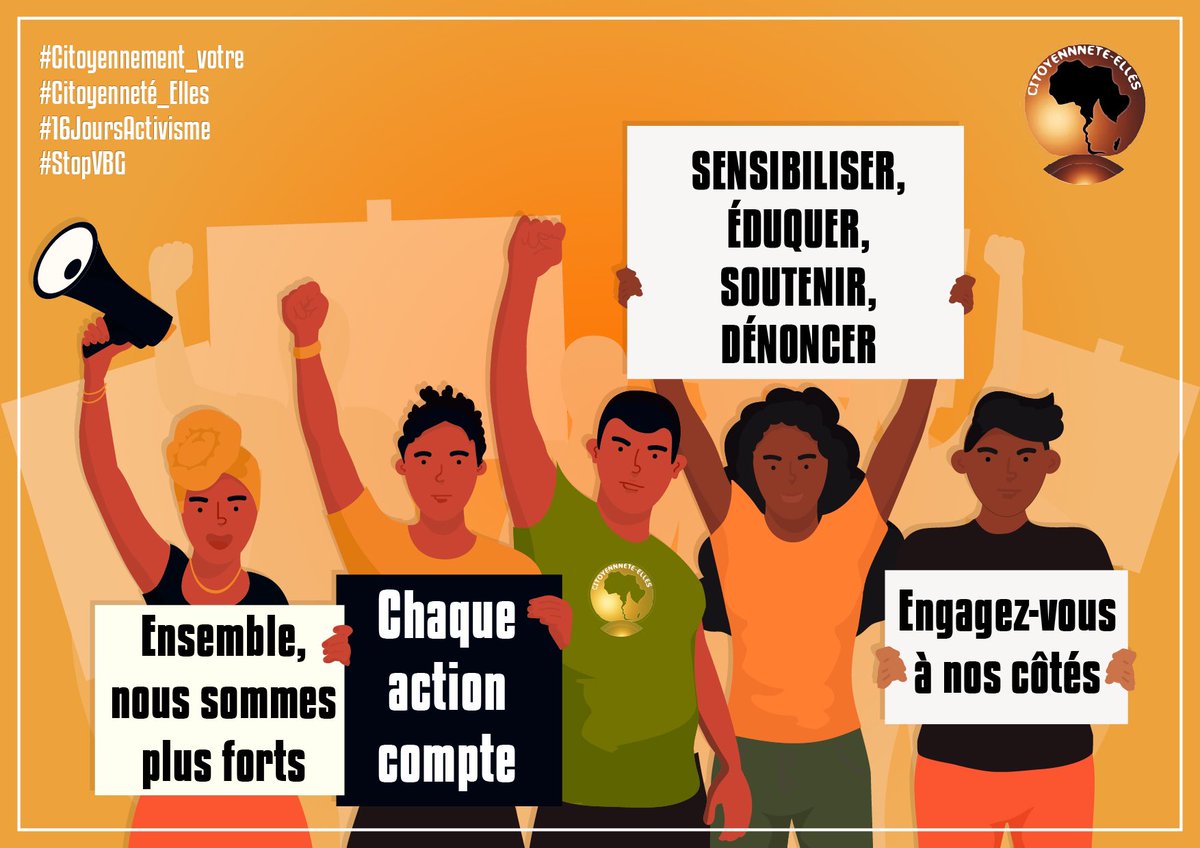 Ensemble, nous sommes plus forts. 
Chaque action compte : sensibiliser, éduquer, soutenir, dénoncer. Engagez-vous à nos côtés.

#Citoyennement_votre 
#Citoyenneté_Elles 
#16JoursActivisme 
#StopVBG