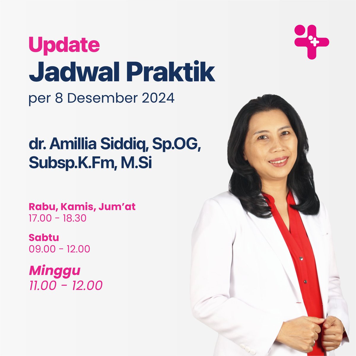 UPDATE JADWAL DOKTER TERBARU!

dr. Amillia Siddiq, Sp.OG, Subsp.K.Fm, M.Si

mulai 8 Desember 2024
Minggu, pukul 11.00 - 12.00 wib

*jadwal hari lainnya tidak ada perubahan

Terima kasih