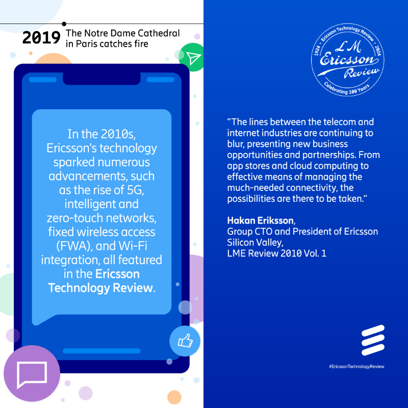 ericsson's tweet photo. Celebrating 100 years of #EricssonTechnologyReview! π In the 2010s, the ETR highlighted incredible advancements like #VirtualReality, the "tactile internet," and the #RadioDot System. Letβs not forget the rise of intelligent #networks and #5G!