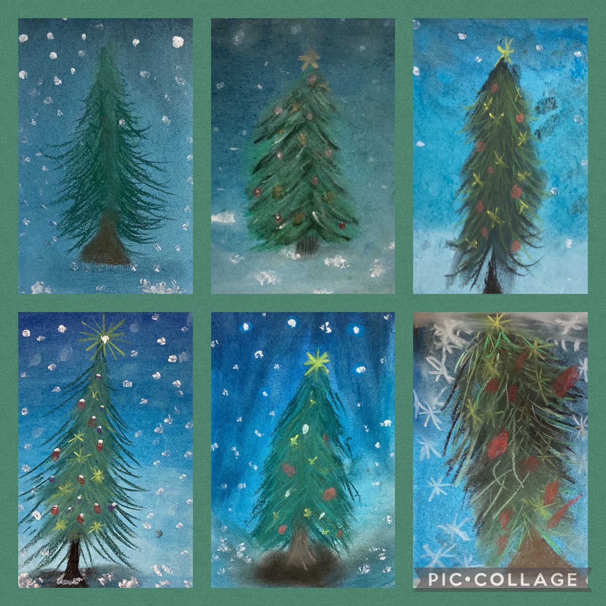 LJS6SW's tweet photo. We’ve been creating some winter artwork. We’re pleased with our pastel trees and think that they look super festive! 🎄💚🎄 https://t.co/RfkJm8vLu8