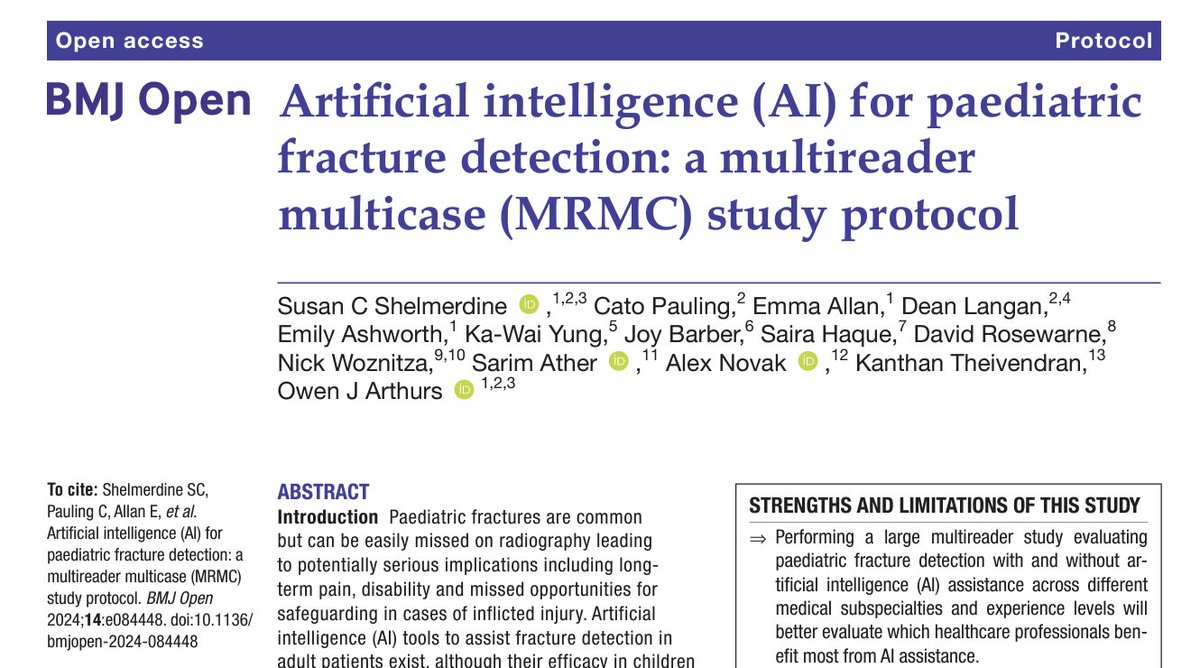 Kanthan Theivendran (also on Bluesky) (@ktheivendran) on Twitter photo Fantastic to see this groundbreaking #AI fracture detection study in children protocol published in <a href="/BMJ_Open/">BMJ_Open</a>
<a href="/SWBHnhs/">SWB NHS Trust</a> <a href="/SWBH_RandD/">R&D SWBH NHS TRUST</a> <a href="/SWBHLibrary/">SWBH Library</a> <a href="/NHSDigAcademy/">NHS Digital Academy</a>
bmjopen.bmj.com/content/14/12/⊠Fantastic to see this groundbreaking #AI fracture detection study in children protocol published in <a href="/BMJ_Open/">BMJ_Open</a>
<a href="/SWBHnhs/">SWB NHS Trust</a> <a href="/SWBH_RandD/">R&D SWBH NHS TRUST</a> <a href="/SWBHLibrary/">SWBH Library</a> <a href="/NHSDigAcademy/">NHS Digital Academy</a>
bmjopen.bmj.com/content/14/12/âŠ