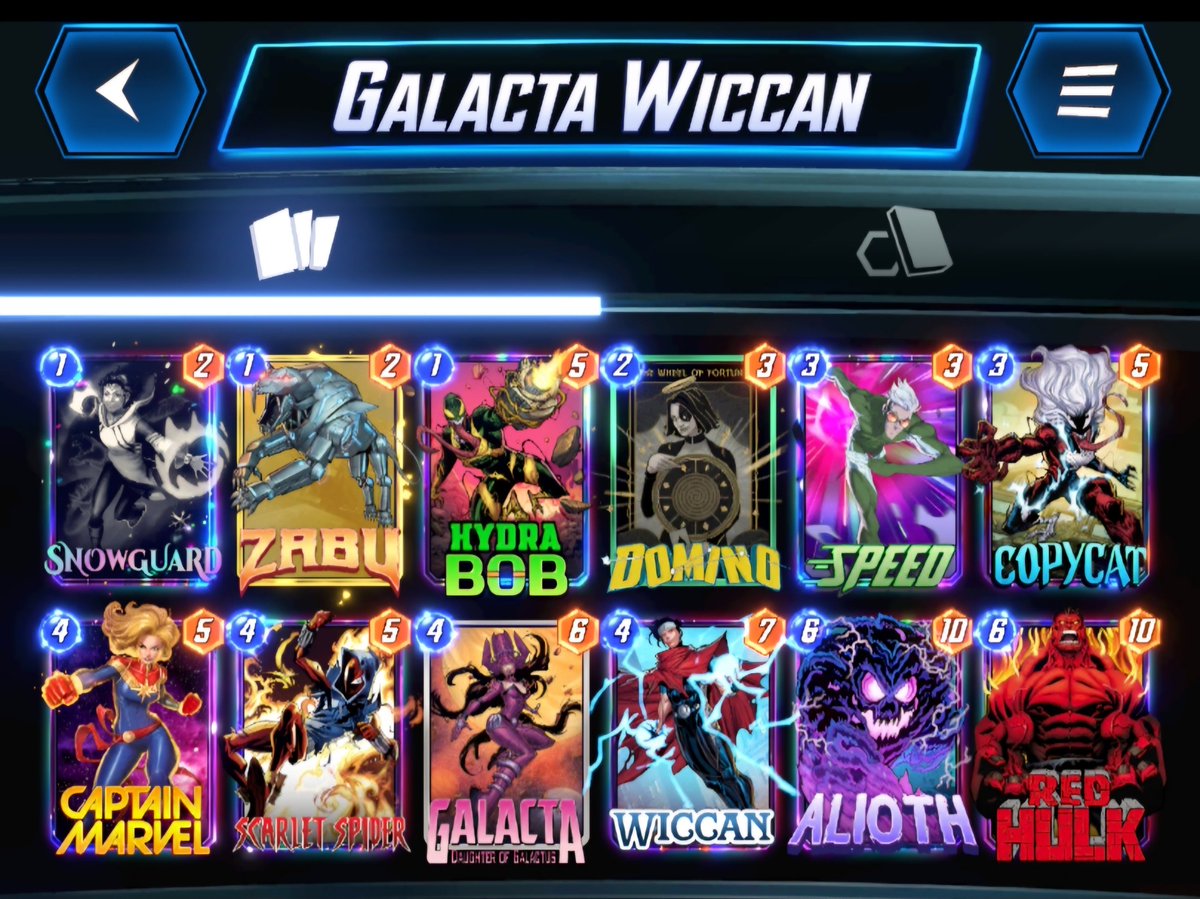 Sandrokan26's tweet photo. Update: the deck continues to shine. I removed Gladiator and added Copycat, useful because it gives you important information about your opponent and it's a snap condition. I tried replacing Red Hulk with Gorr, but this deck doesn't support it enough https://t.co/u2pNWBlWWY