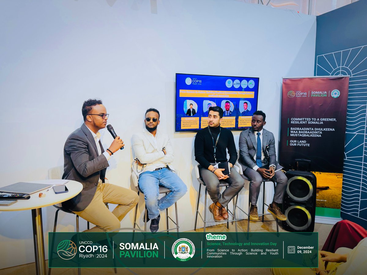 MoECC_Somalia's tweet photo. The first session of Science, Technology & Innovation Day at the Somalia Pavilion during #COP16Riyadh highlighted the role of youth-driven science, technology, and innovation in tackling challenges like desertification, deforestation, and drought. 

Key topics included the impact of technology and youth-led innovation in sustainable land management and raising community awareness about global climate action efforts.
