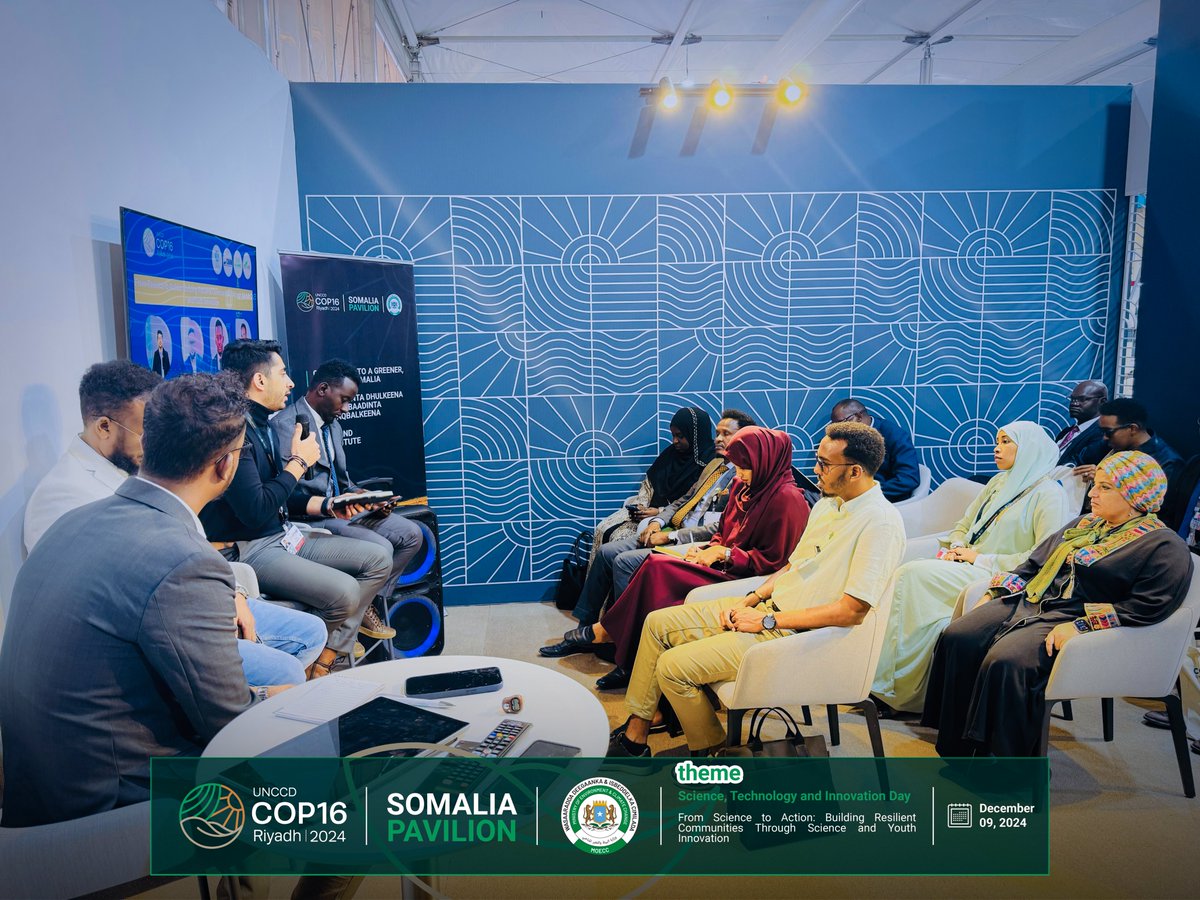 MoECC_Somalia's tweet photo. The first session of Science, Technology & Innovation Day at the Somalia Pavilion during #COP16Riyadh highlighted the role of youth-driven science, technology, and innovation in tackling challenges like desertification, deforestation, and drought. 

Key topics included the impact of technology and youth-led innovation in sustainable land management and raising community awareness about global climate action efforts.