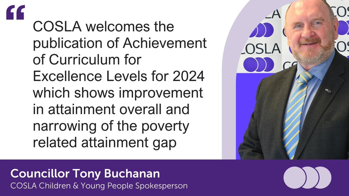 COSLA (@cosla) on Twitter photo COSLA has welcomed the publication of Achievement of Curriculum for Excellence Levels for 2024
Read the full quote from COSLA's Children & Young People Spokesperson Cllr Tony Buchanan ➡️cosla.gov.uk/news/2024/cosl… <a href="/antbuc1/">Cllr Tony Buchanan</a> COSLA has welcomed the publication of Achievement of Curriculum for Excellence Levels for 2024
Read the full quote from COSLA's Children & Young People Spokesperson Cllr Tony Buchanan ➡️cosla.gov.uk/news/2024/cosl… <a href="/antbuc1/">Cllr Tony Buchanan</a>