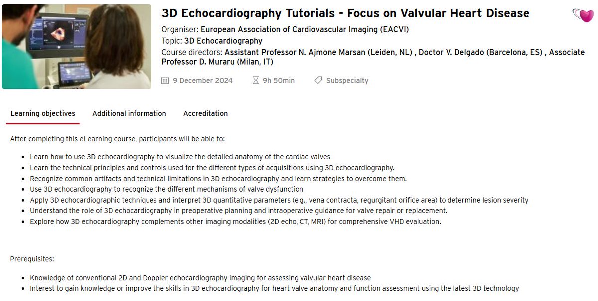 Victoria Delgado (@vdelgadogarcia) on Twitter photo New Tutorials on 3D echocardiography for valvular heart disease 👉 escelearning.escardio.org/training/1852
💗28 chapters with all you need to know on 3D echo and valvular heart disease
💗9 CME credits when you complete them
You can't miss it!
<a href="/denisamuraru/">Denisa Muraru</a> <a href="/NAjmoneMarsan/">Nina Ajmone Marsan</a> <a href="/EACVIPresident/">EACVI President</a> New Tutorials on 3D echocardiography for valvular heart disease 👉 escelearning.escardio.org/training/1852
💗28 chapters with all you need to know on 3D echo and valvular heart disease
💗9 CME credits when you complete them
You can't miss it!
<a href="/denisamuraru/">Denisa Muraru</a> <a href="/NAjmoneMarsan/">Nina Ajmone Marsan</a> <a href="/EACVIPresident/">EACVI President</a>