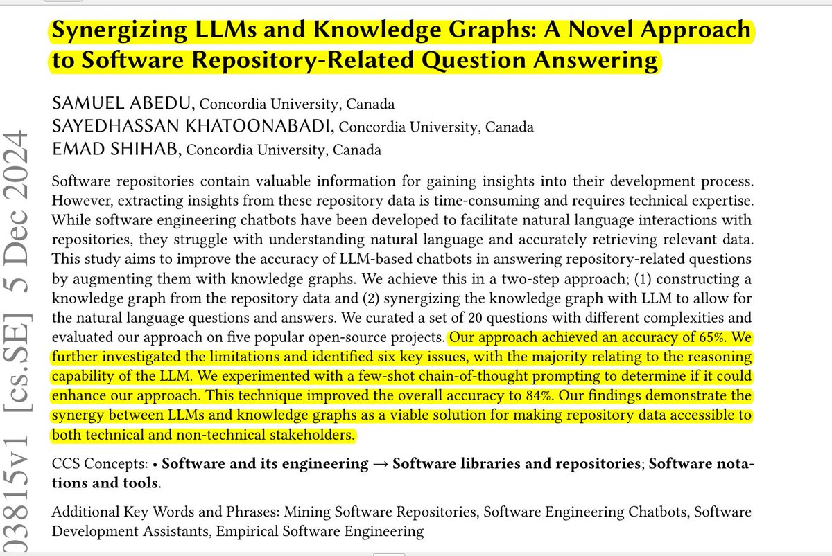 rohanpaul_ai's tweet image. Knowledge Graphs give LLMs the context they need to understand your code better

This paper presents a novel approach to improve software repository question-answering by combining LLMs with knowledge graphs. The research demonstrates how knowledge graphs can enhance LLMs&apos;…