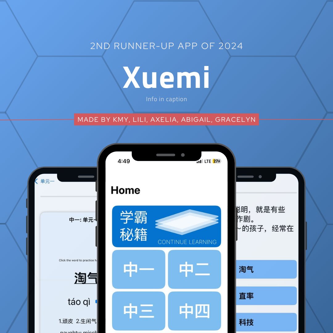 sst_inc's tweet photo. 2nd Runner-up App of 2024 | Xuemi

Developed to help Singaporean Express Chinese students master the language, Xuemi offers flashcards, MCQs, and chapter tests for efficient studying and progress tracking, with the full Secondary 1 to 4 textbook easily accessible. https://t.co/aWQ9XuOxKD