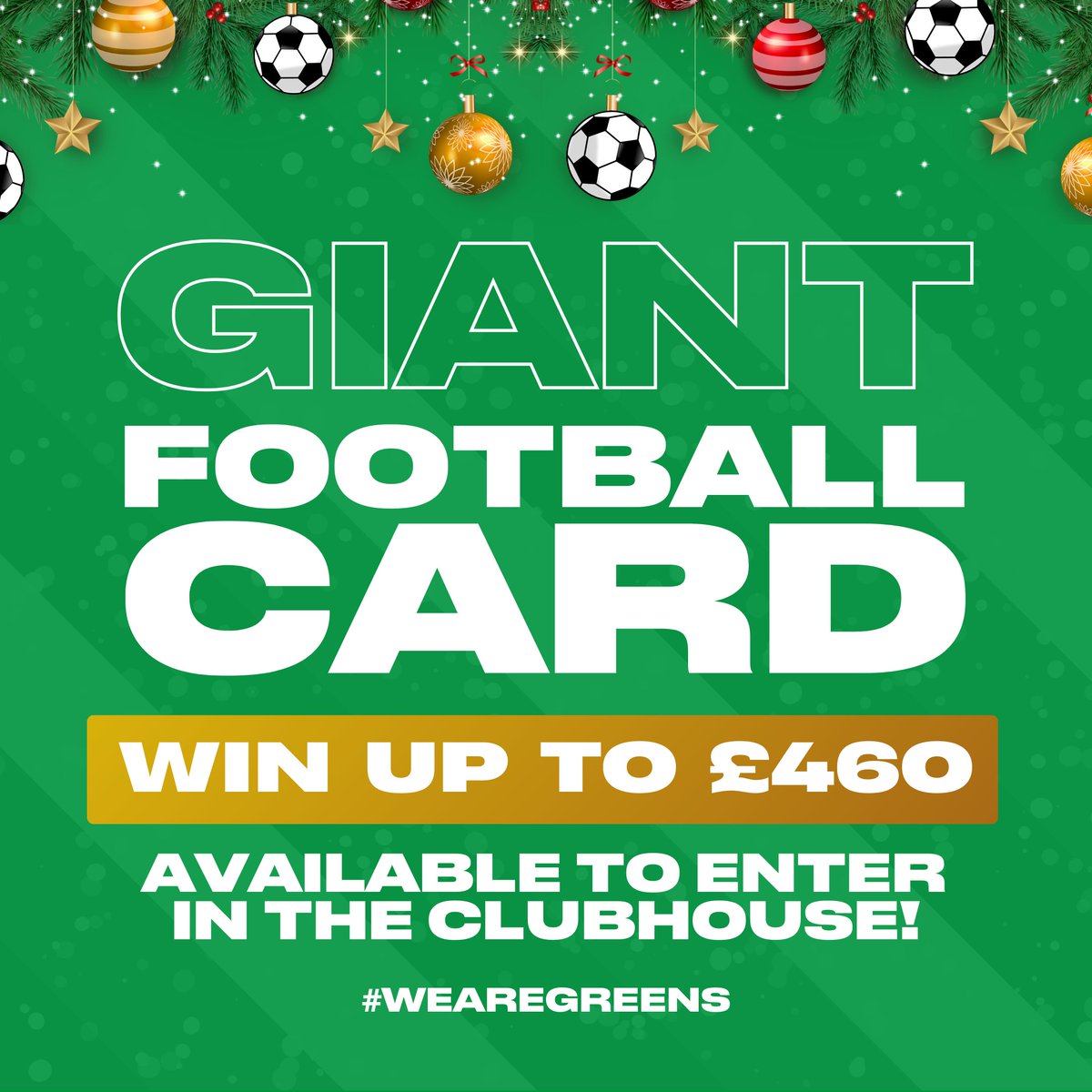 Heading to the game this Saturday? Don’t forget to enter the giant football card in the clubhouse! ⚽️

💷 £10 per entry
💰 Win up to £460!

Squares are going fast, so make sure you grab yours before it’s gone! 🙌

#GreenArmy #WeAreGreens