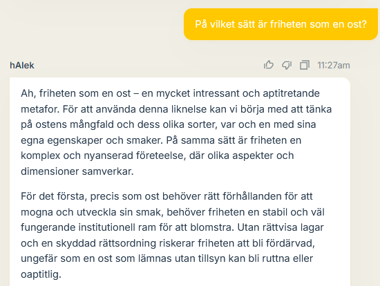bromantiker's tweet photo. För att fira 50-årsdagen av Hayeks nobelpris har @RBrattstrom och jag tränat en AI-chattbot på några av de böcker som finns översatta till svenska på @timbroforlag. Tillgänglig en begränsad period, så passa på att fråga Hayek medan det går.

https://t.co/VbsBOd2L33 https://t.co/dA7JWGW2WZ
