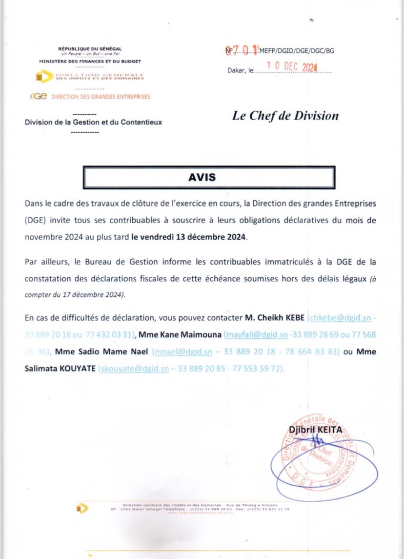 DGE/DGID 
Obligations déclaratives du mois de Novembre à souscrire au plus tard le 13 Décembre 2024.