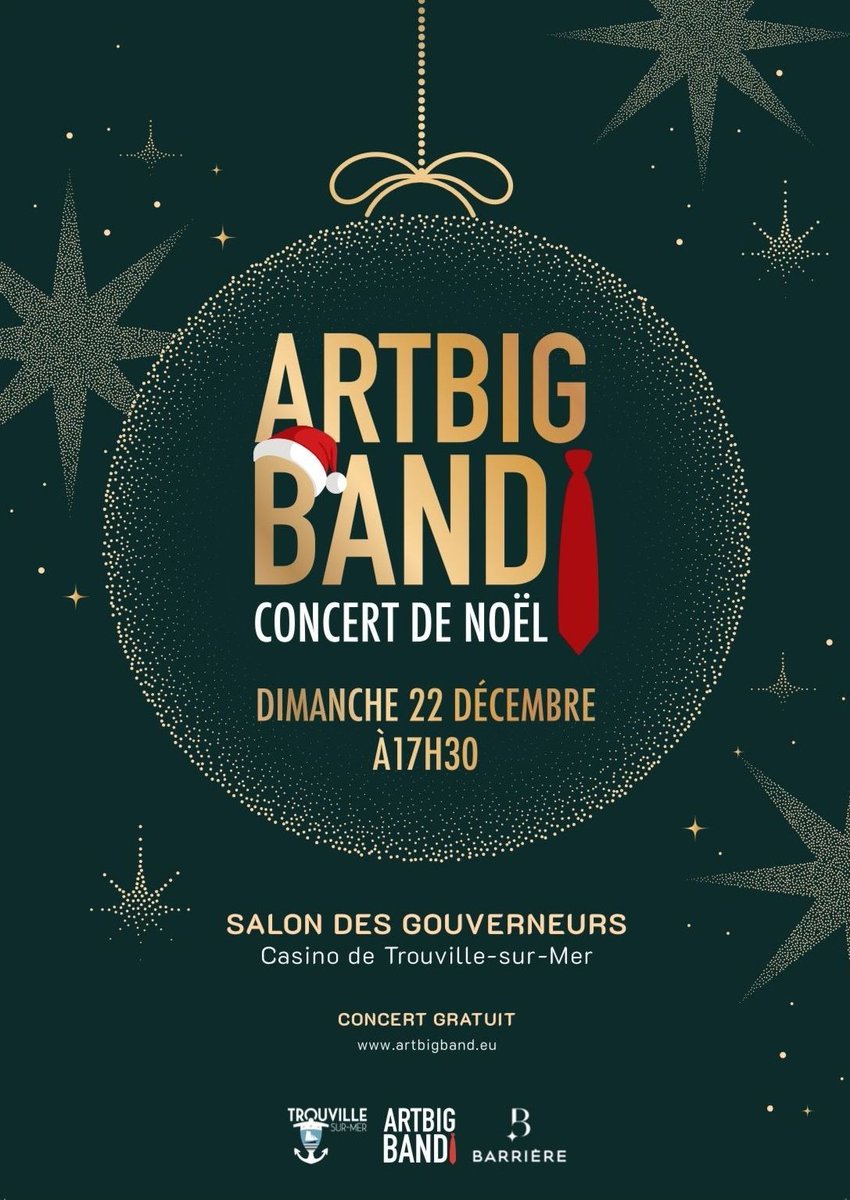 La magie de Noël envahit Trouville-sur-Mer le 22 décembre à 17h30 au Casino Barrière pour un grand concert de Noël exceptionnel. Sous la direction de François Jaeger, le Art Big Band revisite les grands classiques de Noël pour une soirée festive et joyeuse ! 🌟