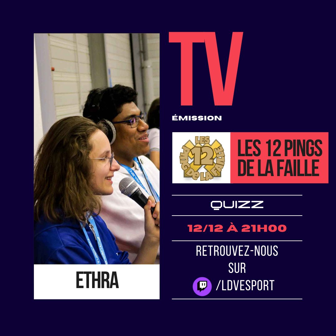 🎙Les 12 Pings de la Faille : prêts pour le quiz ?!

📅 Rdv le 12/12 à 21h00
📺 Twitch : twitch.tv/LDVEsport

Avec @ethra38  et l'équipe, préparez-vous à une soirée remplies de fun et de surprises garantis ! Qui sera le roi du quiz ? 🏆

#LDVTV #12PingsDeLaFaille