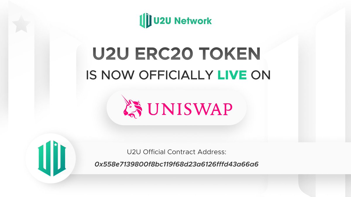 The $U2U Token is now officially LIVE on @Uniswap as an ERC20 token on the  Ethereum Network! Official Contract Address:  0x558e7139800f8bc119f68d23a6126fffd43a66a6 👉 https://t.co/YLprA5Xnc8 🔒  Important Security Note: Beware of scams and fake