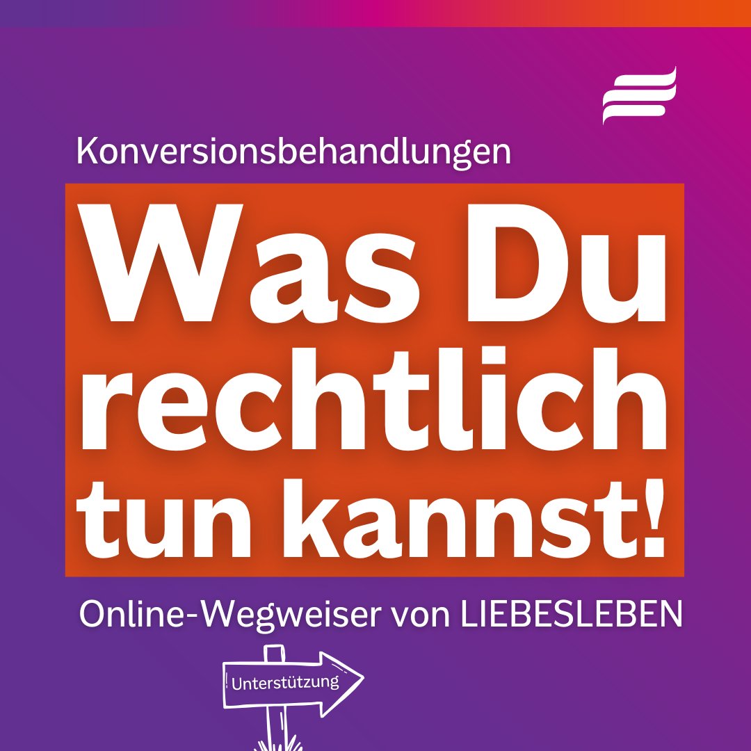 Jetzt bietet <a href="/LIEBESLEBEN_DE/">LIEBESLEBEN_DE</a> @bzga_de auch einen #Onlinewegweiser zum #rechtlichen Schutz vor #Konversionsbehandlungen. #Anonym. Sehr hilfreich, wenn Du oder Menschen aus deinem Umfeld von Konversionsmaßnahmen bedroht oder betroffen sind.
➡️liebesleben.de/fuer-alle/lass…