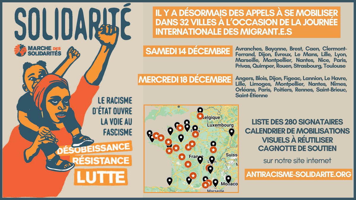 MSolidarites's tweet photo. Plus de 280 signataires appellent à prendre la rue du 14 au 18 décembre sur l'ensemble du territoire à l'occasion de la journée internationale des migrant.e.s ! 

Pour l'égalité des droits de tou·te·s et contre le racisme d'État des mobilisations sont annoncées dans 32 villes, https://t.co/CzYuKK03tn