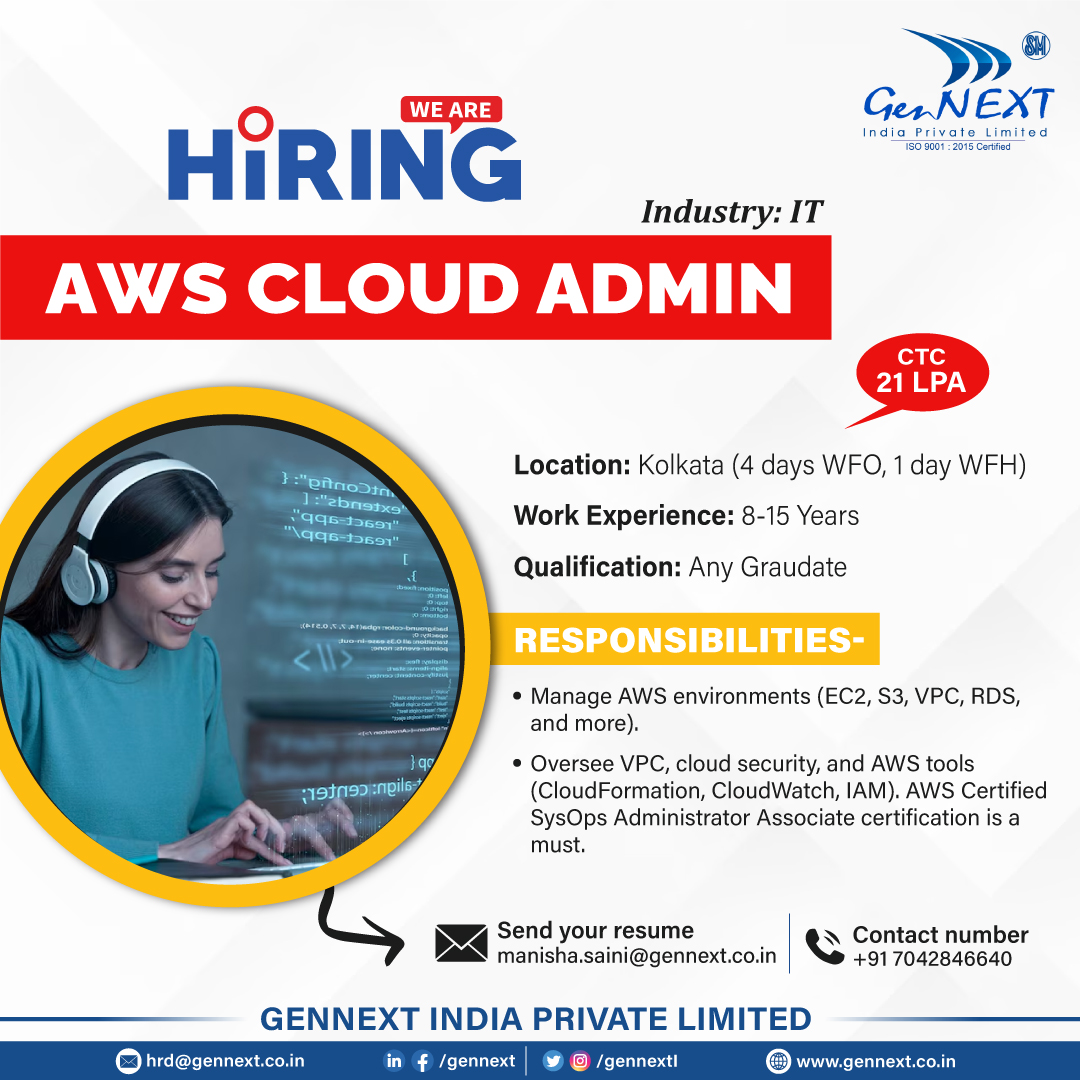 GennextL's tweet photo. #UrgentHiring 💼📢🎯
Position: AWS Cloud Admin
Location: Kolkata
#AWSCloudAdmin #AWS #Cloud #Admin #Delhi #Mumbai #gradute #IT #hiringnow #jobsearching #nowhiring #recruiting #employment #hiringnow2024 #jobseekers #hr #jobopenings2024 #gennextjob #gennexthiring https://t.co/8ehVW5Kj7s