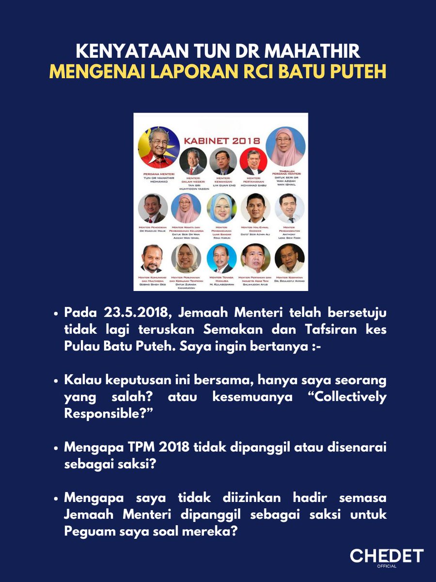 Kenyataan penuh Tun Dr Mahathir bin Mohamad pada 10 Disember 2024 mengenai Laporan Suruhanjaya DiRaja berkenaan Pulau Batu Puteh boleh didapati di pautan berikut :- thechedet.com/rci-pulau-batu…