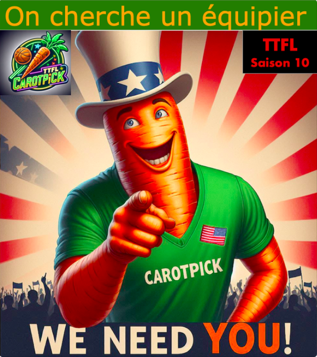 Nous sommes à la recherche d'un 10ème coéquipier pour notre team. 
Alors si tu es joueur ou joueuse régulier de TTFL, avec de l'humour, des connaissances baskets ou pas, un peu de mauvaise foi, tu es le candidat ou candidate idéal. 
On compte déjà sur toi ...