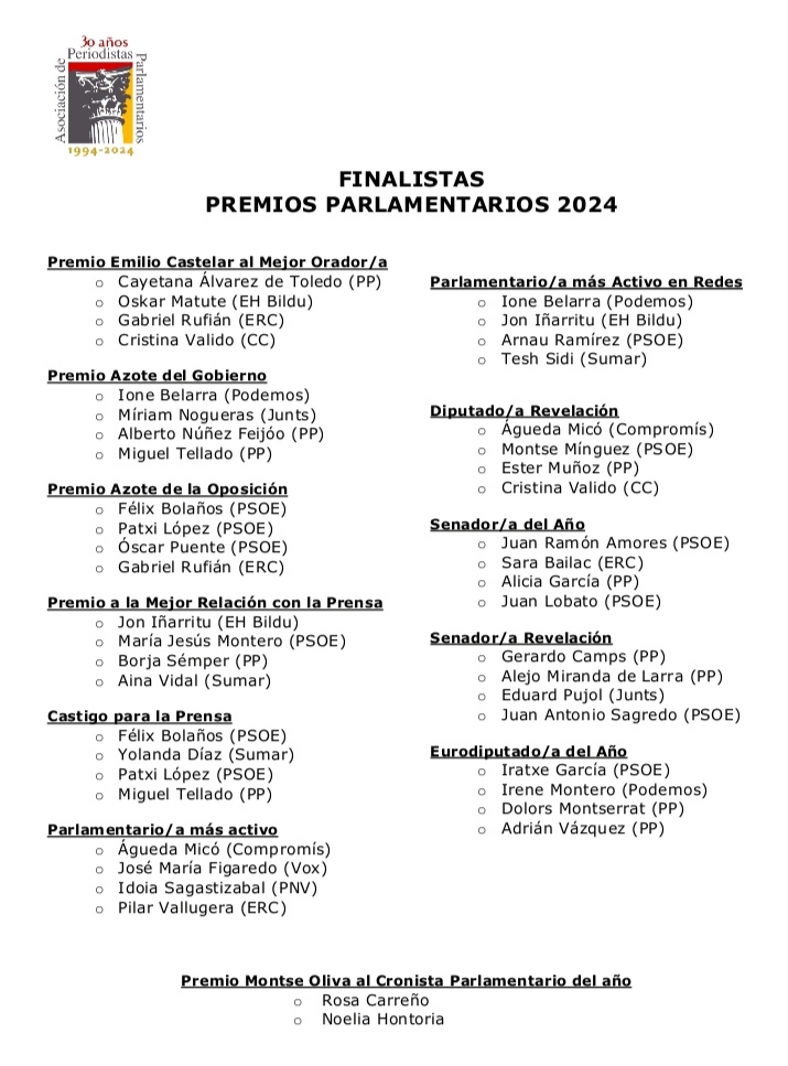 Ya tenemos los finalistas a los Premios Parlamentarios y el Premio Montse Oliva 2024. Enhorabuena a todos! #PremiosAPP