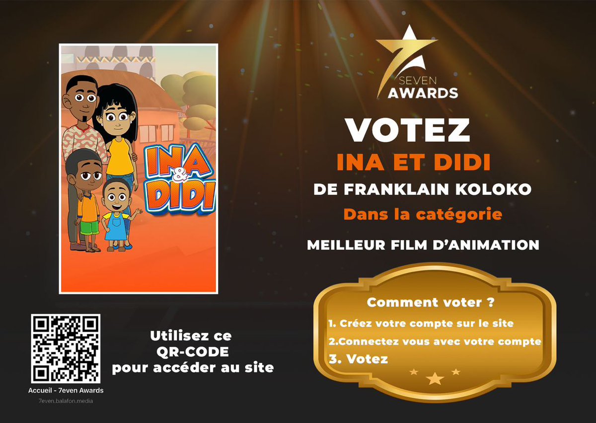 Waanda team,

Notre film Ina et Didi est nommé aux Seven Awards et nous avons besoin de vos votes.

Ina&amp;Didi est une série pour jeune public, une découverte du monde à la sauce Bantou.

Les votes se font en trois étapes sur 7even.balafon.media/en_CM/voter.

Merciiii